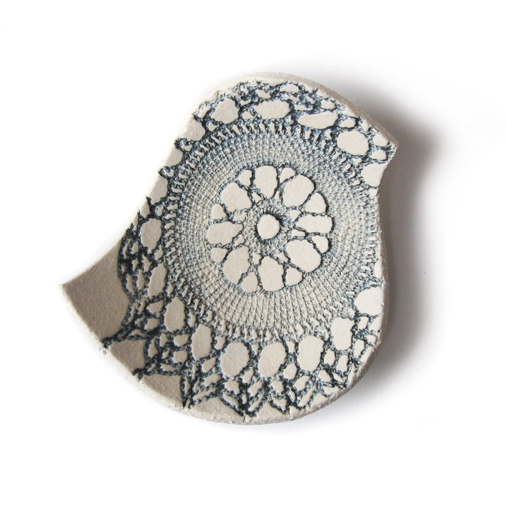 Blue bird bowl in cream stoneware ceramic with vintage lace texture in steel blue grey Handmade in England British studio pottery