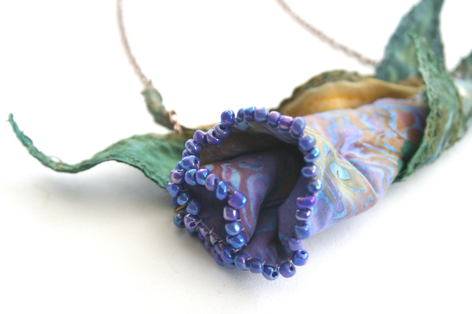 Necklace Beaded Batik Fabric Lily  - Soft Sculpture Flower in Moss and Purple Tones with Fabric Leaves - PaintFabricWhimsy