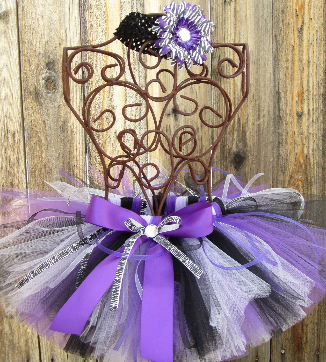 WILD ZEBRA PURPLE Ribbon Tutu with Matching Free Flower Headband - Sizes Newborn to 5T