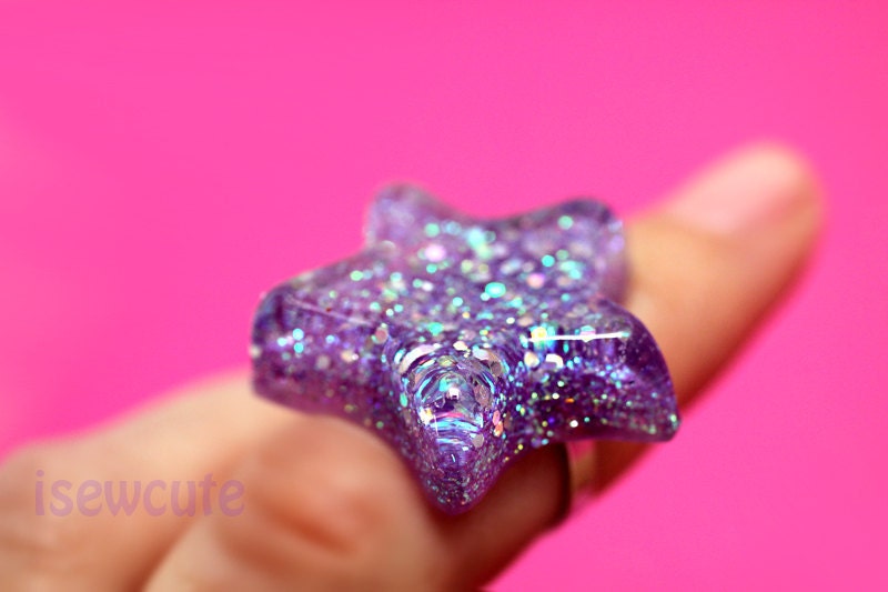 Star Adjustable Resin Ring - Catch a Falling Star Like an Amethyst in the sky - lavender glitter star jewelry - handmade by isewcute
