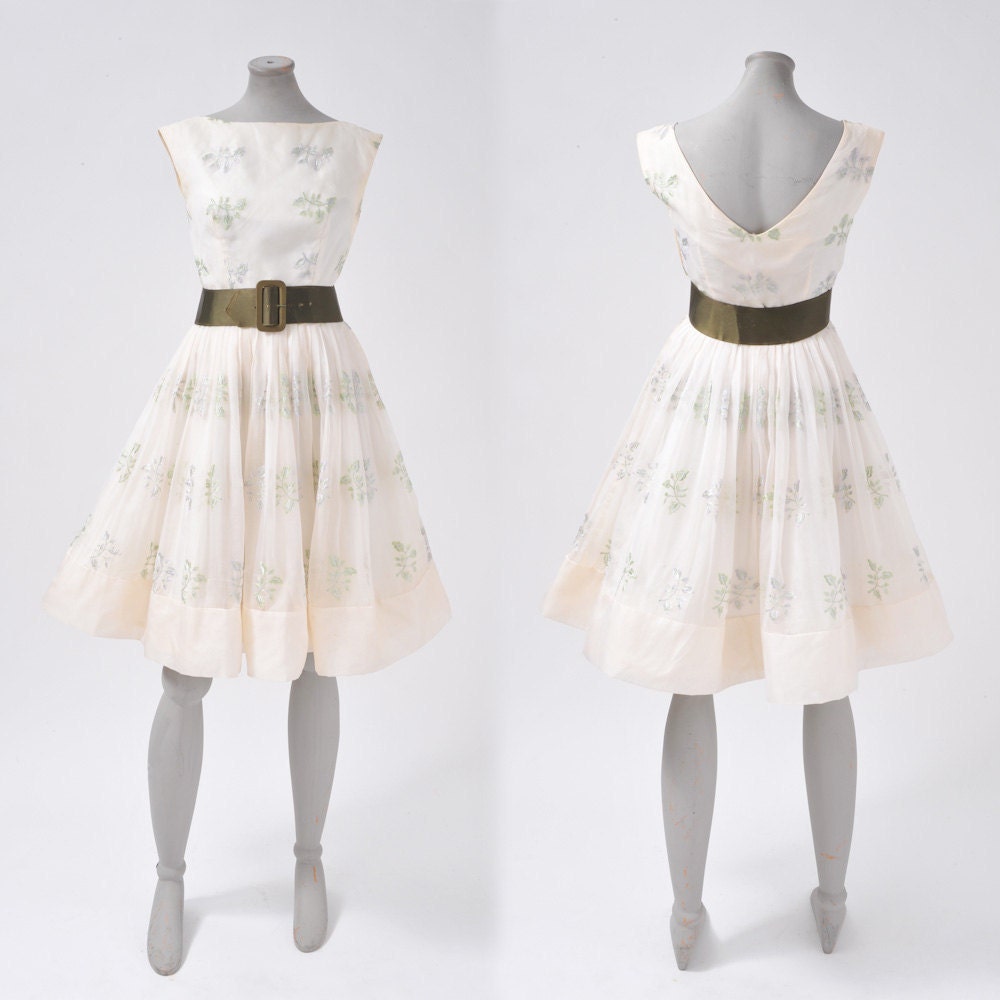 Vintage Spring White Fairy Dress - 1950's Floral Embroidered Silk Organza
