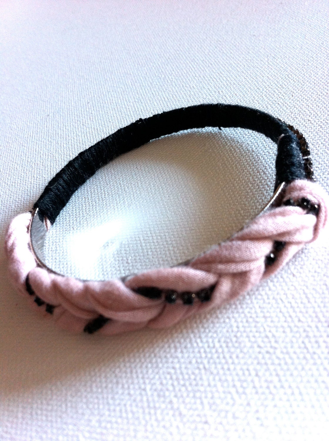 Jet Black & Soft Dusty Pink Braided Twist Bangle w/ Onyx rhinestones