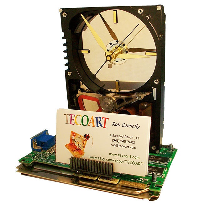 Business Card Holder Hard Drive Clock from Recycled Hard Drive and Video Circuit Board.