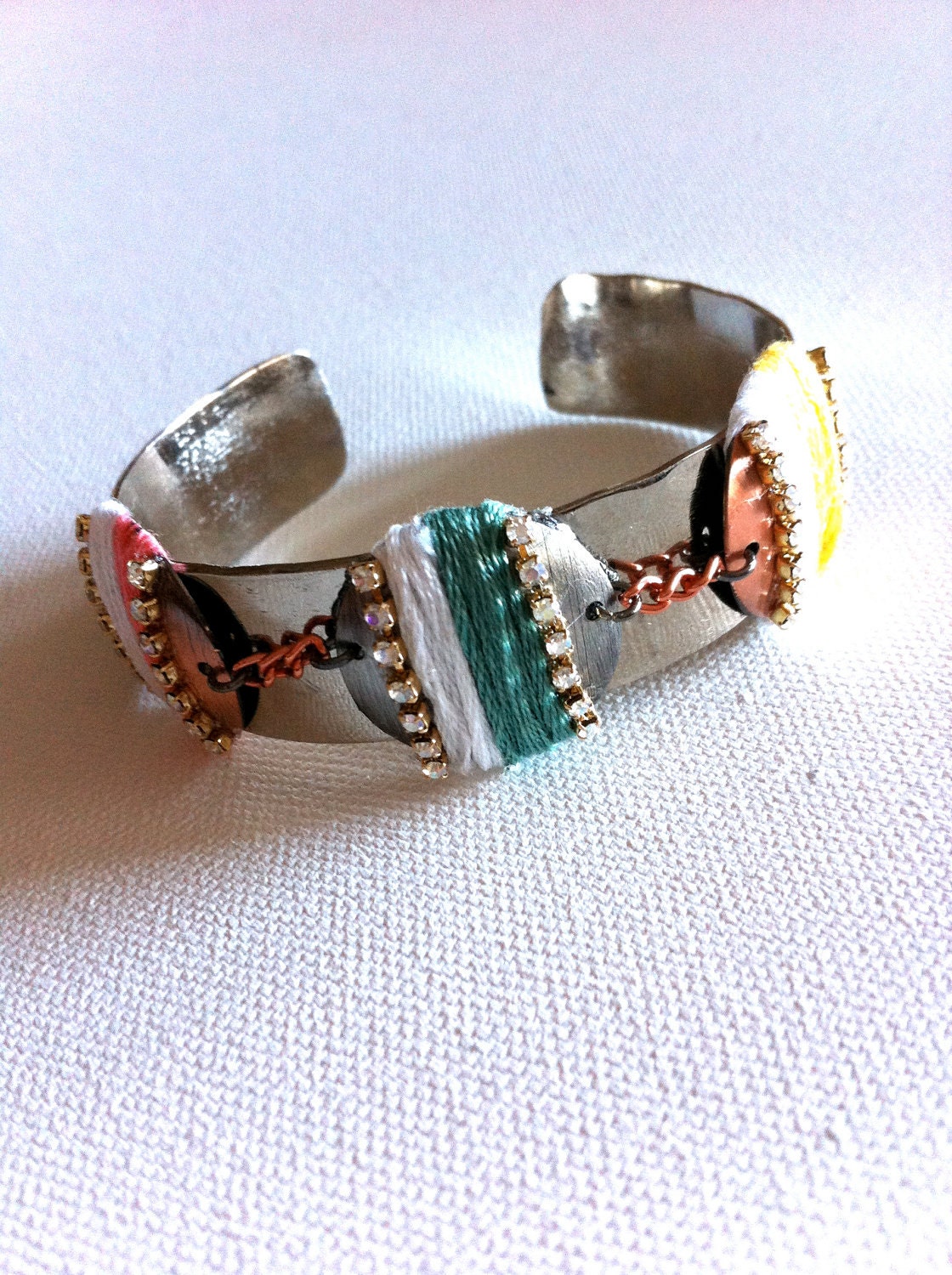Selena Gomez Yarn & Rhinestone Button Bracelet Cuff - Shiny Silver, Gunmetal, Copper - Colorful Summer accessory - chains