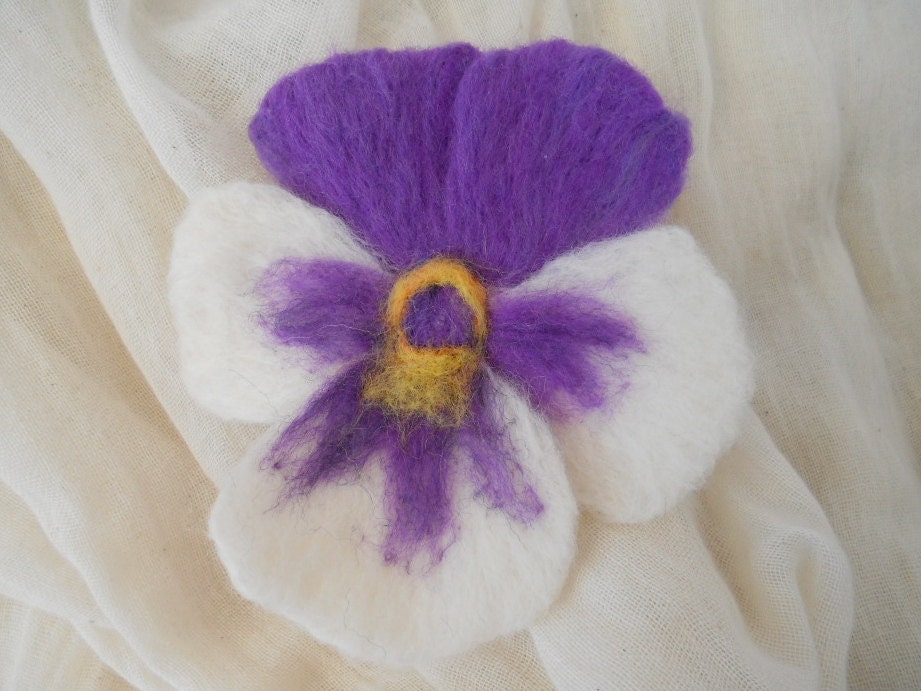 A Colourful Cream and Violet Pansy Brooch...Needle Felted Flower Gift. FREE Worldwide Shipping