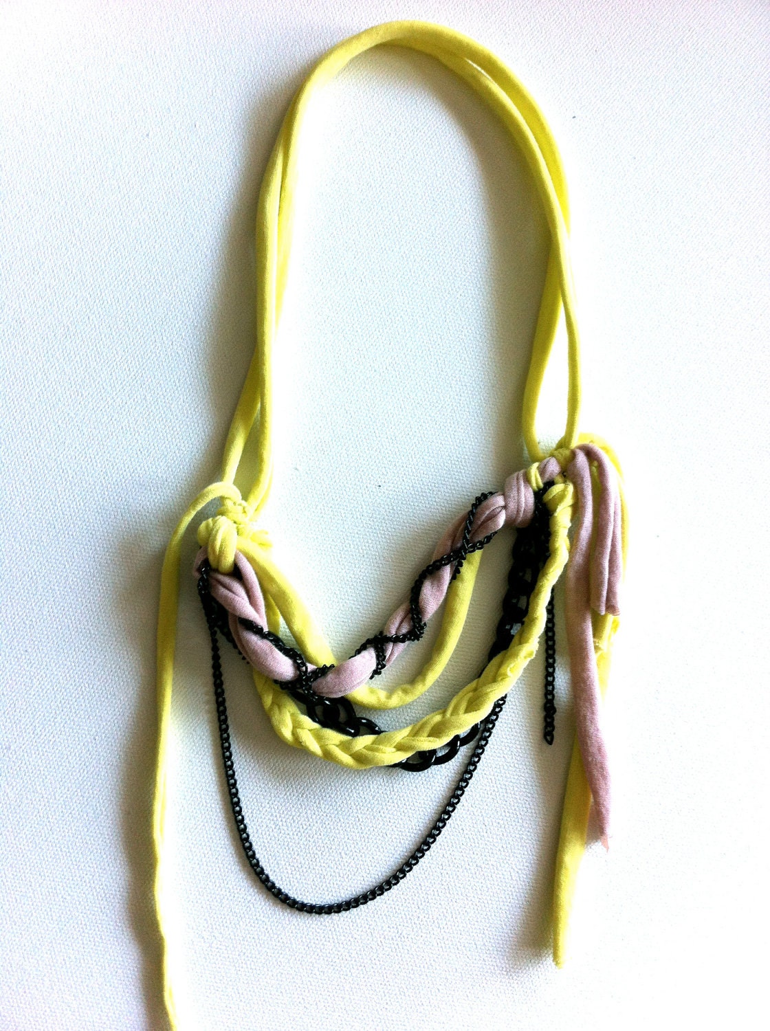 Rags to Riches Braided Scarf Necklace - soft fluorescent yellow & dusty pink with mixed black metal chains