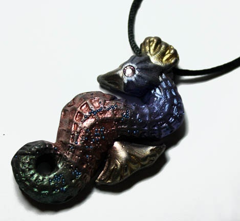 Red / Blue / Green Polymer Clay Swarvoski Eyed Seahorse Pendant with Necklace