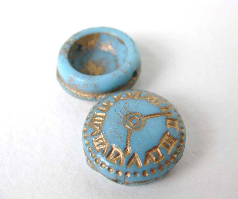 Vintage Glass Beads Blue Gold Clock Two Holes Czech 18mm vgb0413 (2)