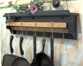 Black Leather pot utensil rack holder with shelf for lids wall mount solid pine made in the USA