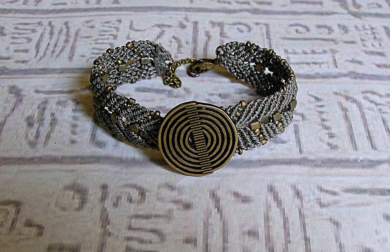 Micro macrame friendship bracelet.  Karma bracelet in gray and matte metallic khaki,