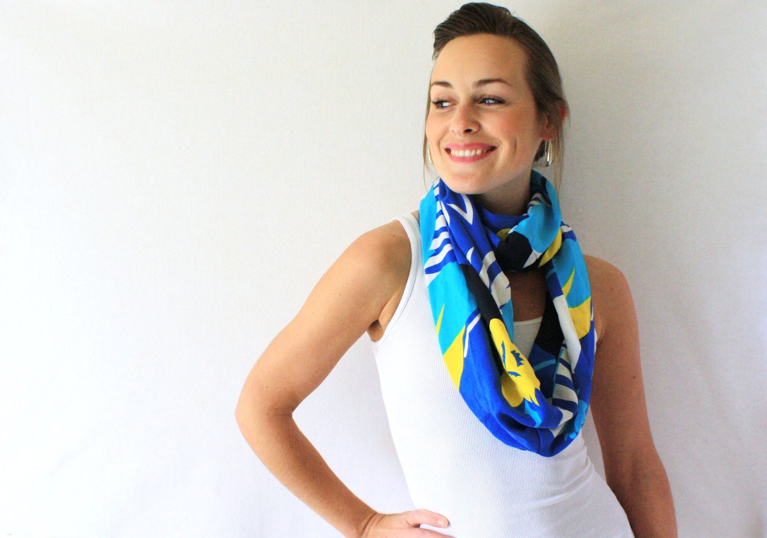 Circle Scarf- Upcycled, Blue, Hawaiian, Flowers, Yellow, Spring Fashion, Infinity Scarf, Loop Scarf,