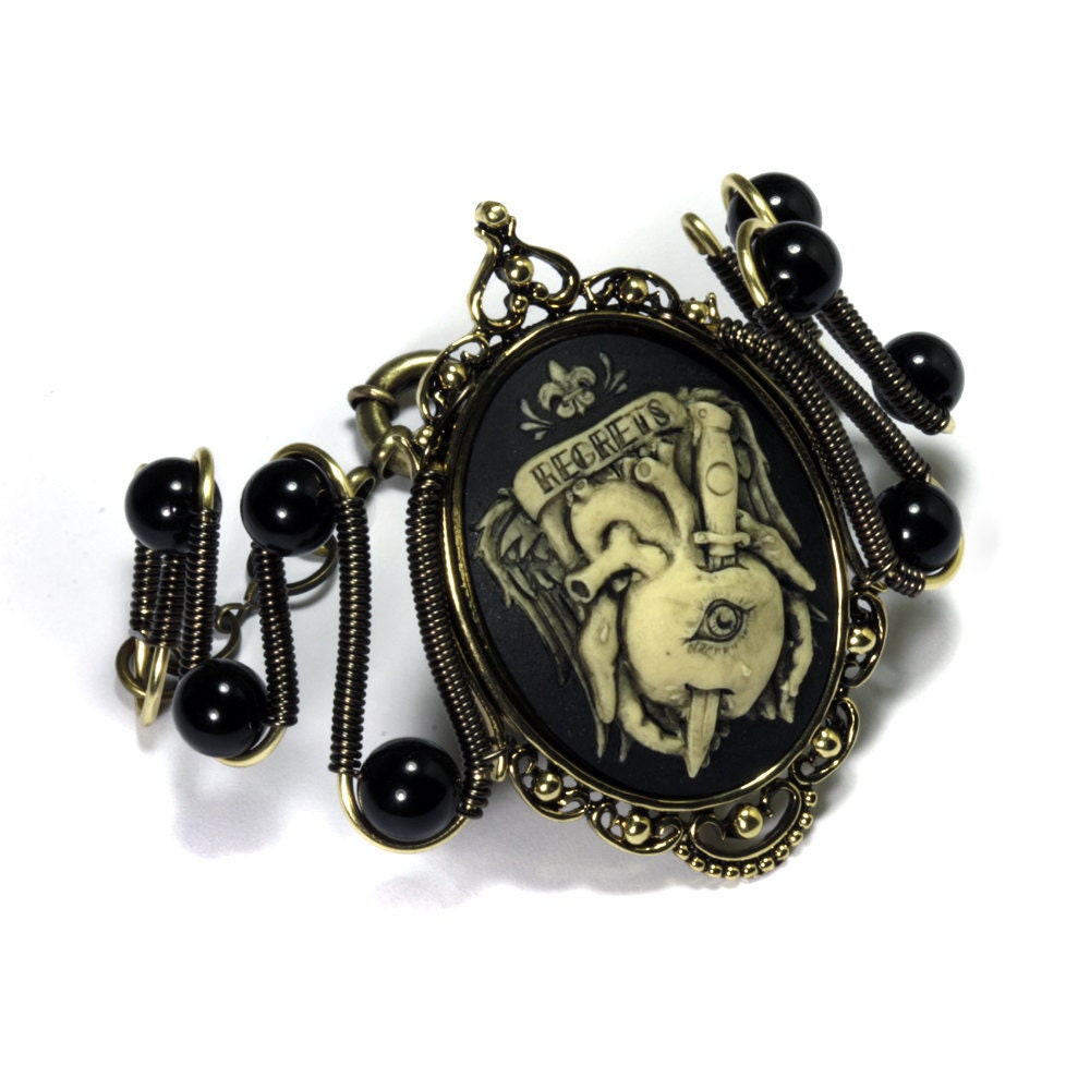 Steampunk Goth Jewelry - Bracetet  - Ivory on Black Regrets / Sorrow Cameo