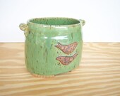 Oval Birdy Stoneware Pottery Utensil Holder or Vase in Spring Green