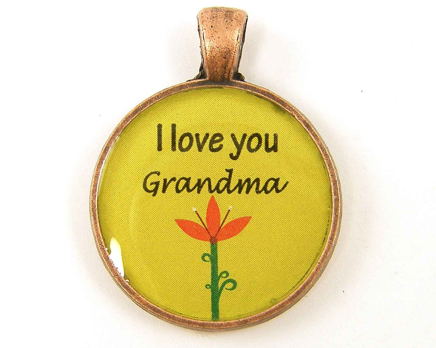 Grandma Pendant - Lime Green Orange Flower Copper Circle Resin Pendant