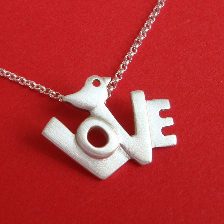 Love Necklace Valentine in sterling silver with tiny bird