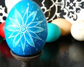 Ethnic Easter Spring Reduced Shipping - Blue Carved Etched Chicken Egg - Present - Scratched Lithuanian Pysanky Polish