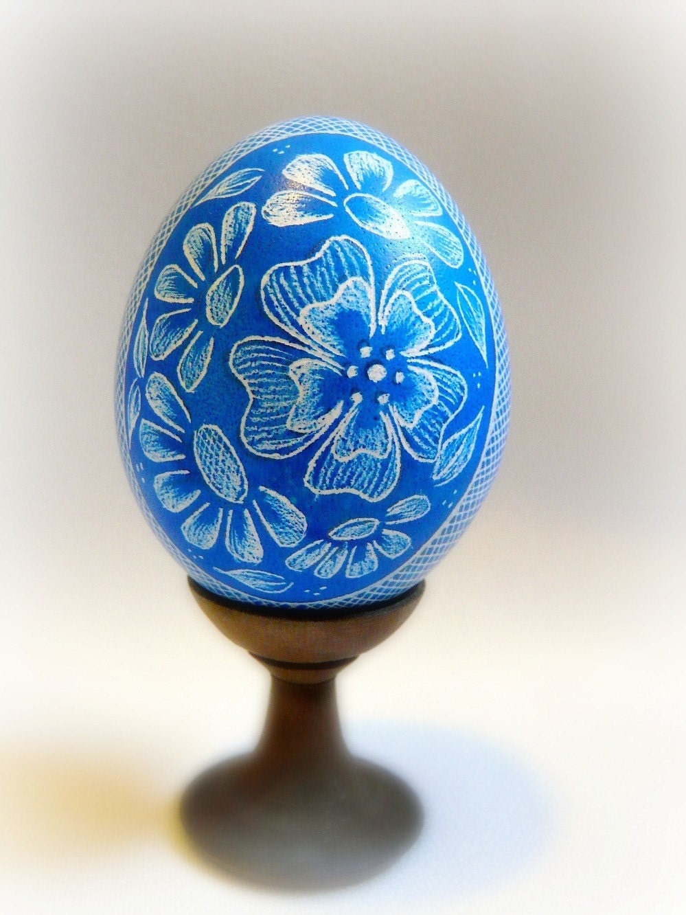Spring Easter Egg Hand Scratched Egg Unique Present Floral Light Blue Royal -  Lithuanian Pysanky Etched Carved