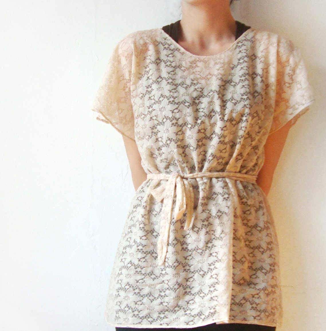 Romantic Days - Beige Lace tunic - loose blouse - MADE TO ORDER lace top, ivory lace blouse, shirt