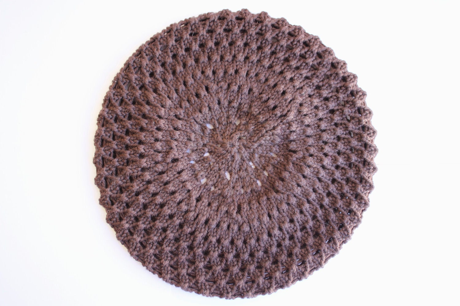 Women's beret hand knit in chocolate brown merino wool, honeycomb texture: READY TO SHIP