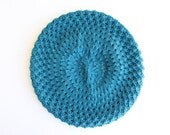 Women's beret hat hand knitted in cerulean cashmere merino wool: READY TO SHIP
