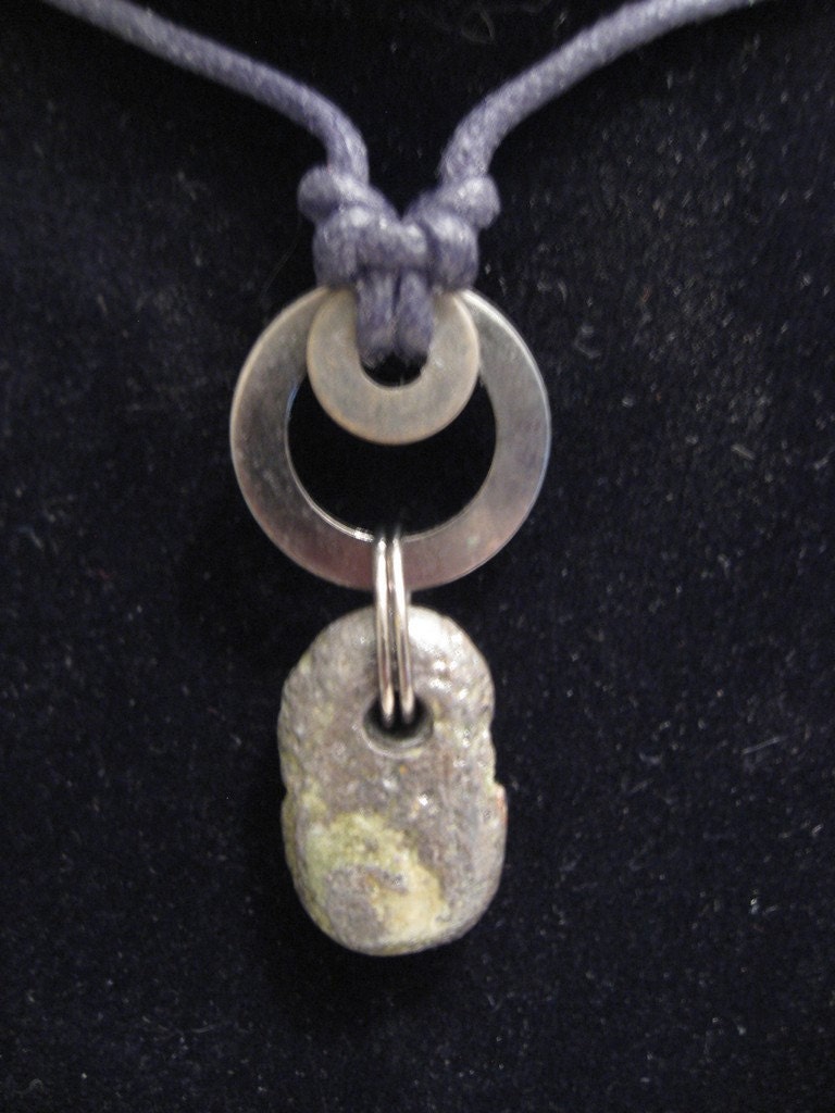 urban artifact necklace - black and green Leland slag glass, gunmetal washer, blackened brass washer