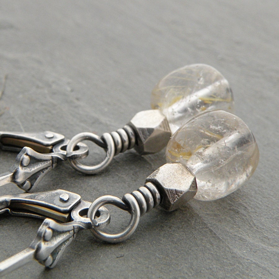 Rutilated Quartz Earrings, Stone, Clear, Golden, Sterling Silver, Lever Back