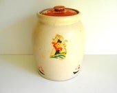 Antique Crock Cookie Jar Nautical Red Lid by RollingHillsVintage