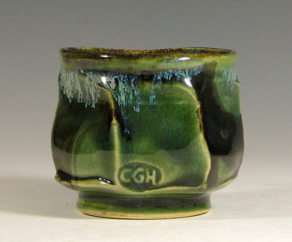 Tea bowl ceramic. porcelain cup tumbler, chawan tea ceremony, glazed in green brown, handmade by hughes pottery