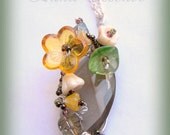 Yellow Flowers Climbing Vine on Smokey Quartz Pendant