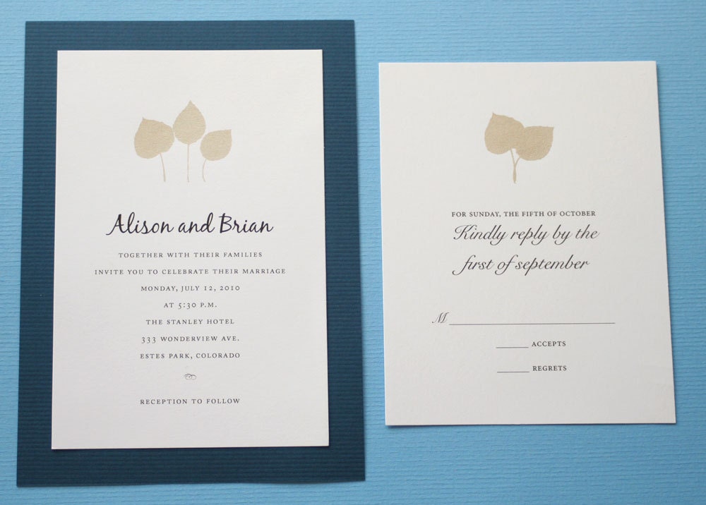 Wedding invitations Aspen leaf screenprint cards in metallic silver and double layered navy blue backing