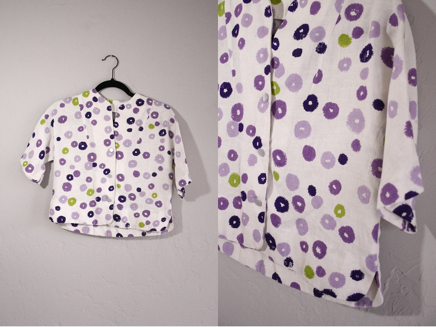 Vintage Linen Blouse / Abstract Print / Handmade Button Up Top / 1960s