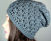 Slouch Hat Beanie in Slate Gray, Open Weave, Lacy