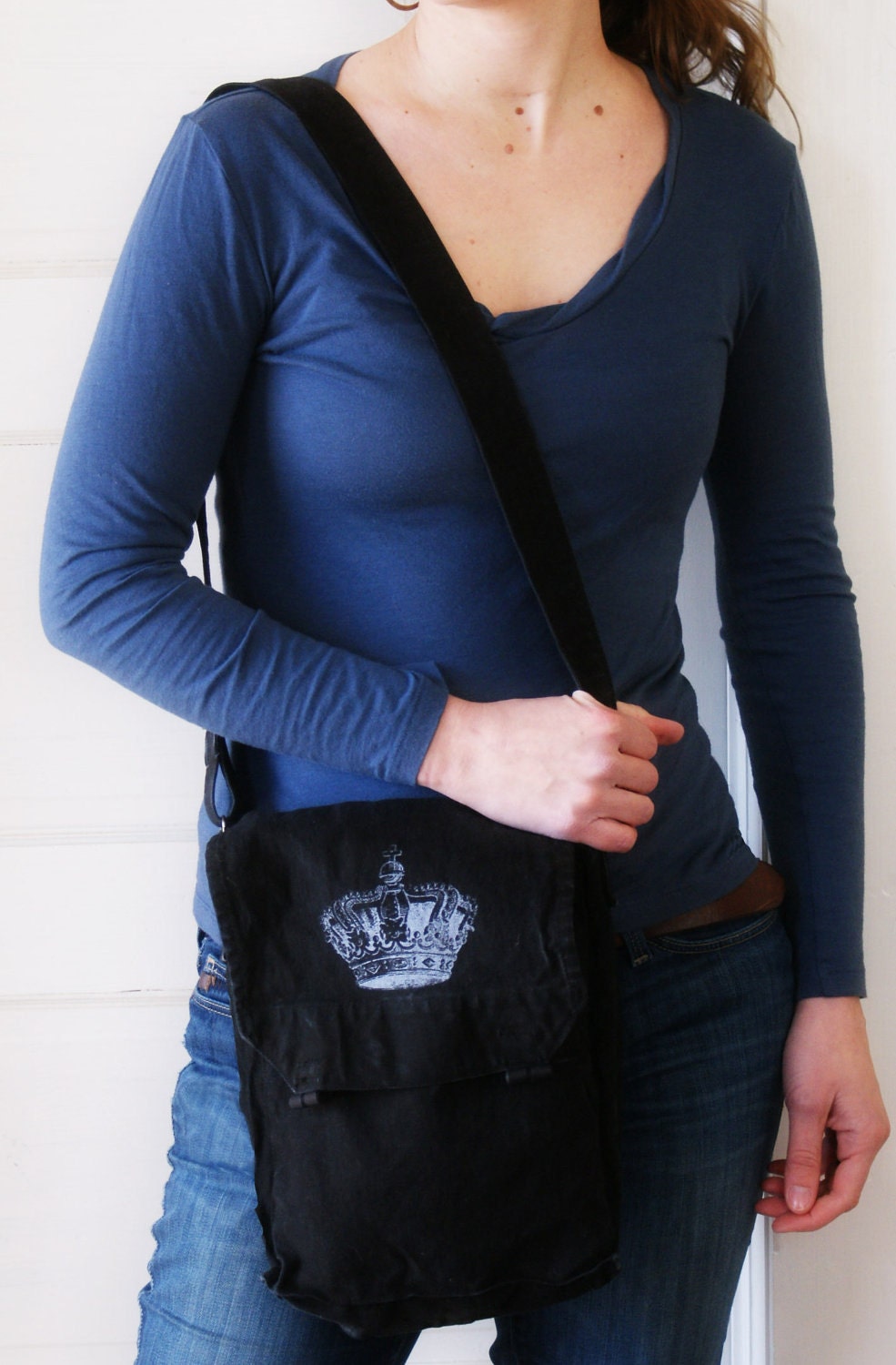 Vintage Black Czech Military Bag with Silver  Crown Screen Print