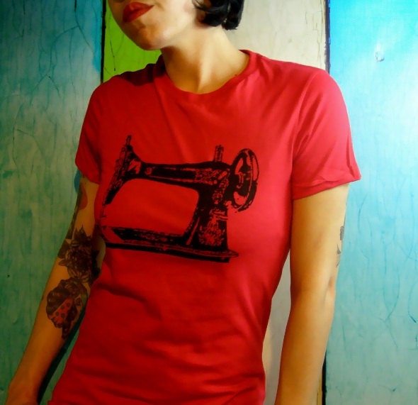 Sewing Machine screenprint  tshirt  - Sew a Go-Go -Red and Black Sewing Machine Vintage Inspired Graphic