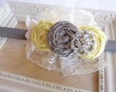 Vintage Inspired Rosettes in Butter Yellow and Grey with Lace, Velvet and Rhinestone Accent Infants, Babies or Adults