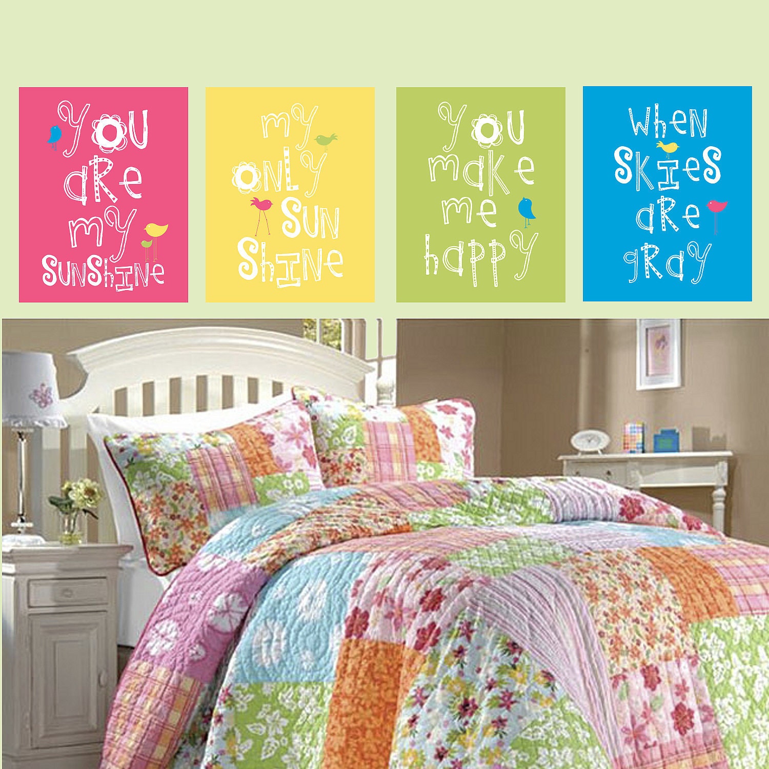 You Are My Sunshine Prints 4 pc Set 8x10 in pink, yellow, green and blue - bright colors by YassisPlace