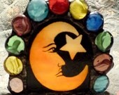Celestial Moon & Star Hand Painted Stained Glass Candle Holder