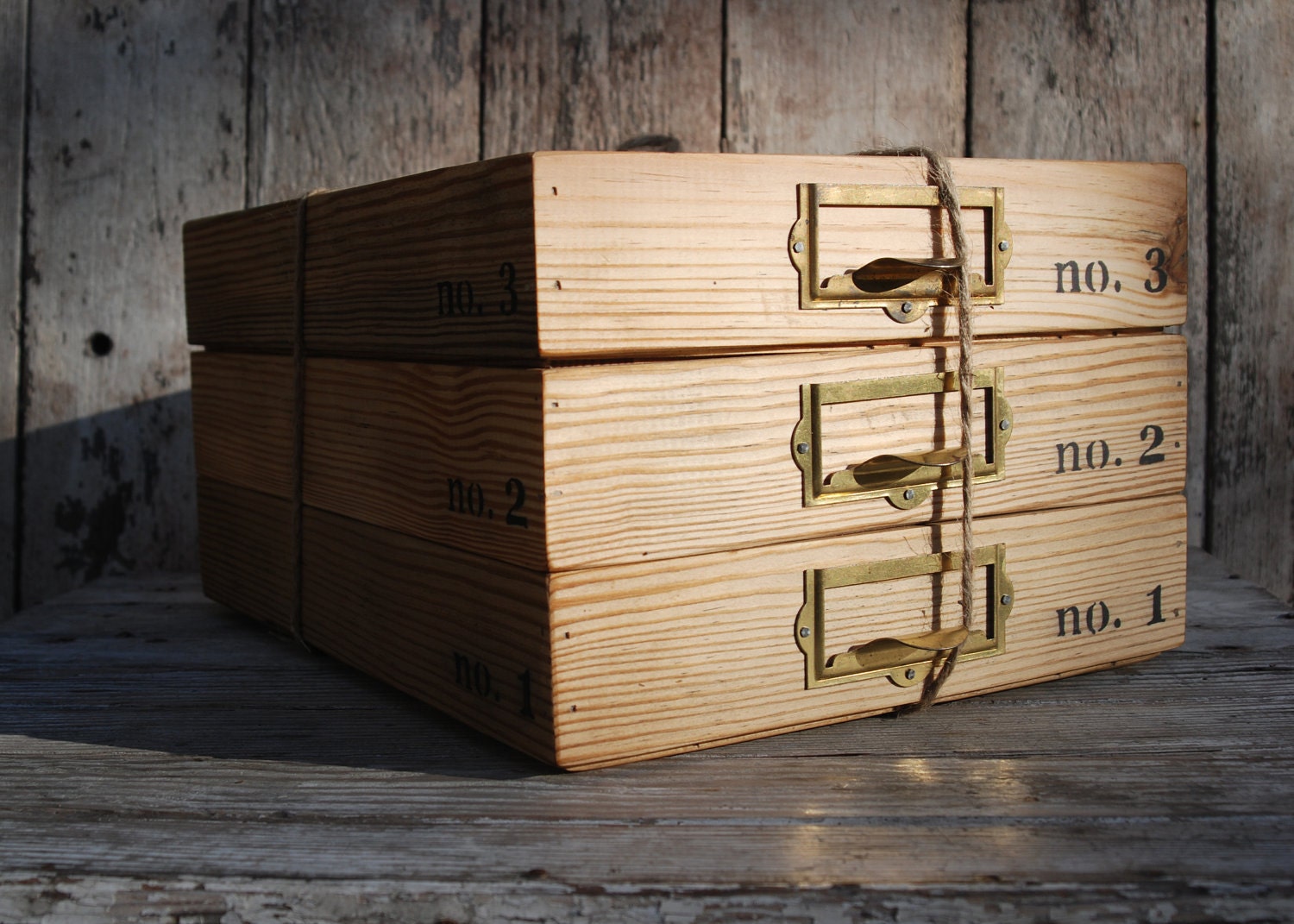Stacking Boxes: Reclaimed Sinker Pine, antique brass organizer.