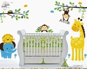 Large Jungle wall decal with giraffe,elephant,lion and monkey decals