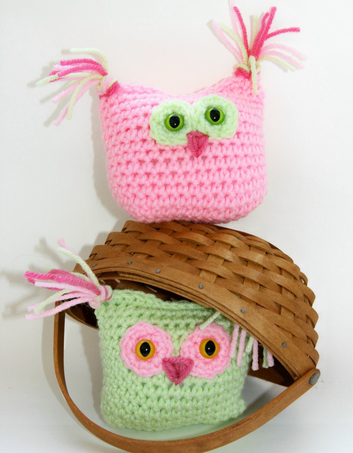 Baby owl set of two decor or toys,crochet amigurumi pale pink and mint green Custom colors available