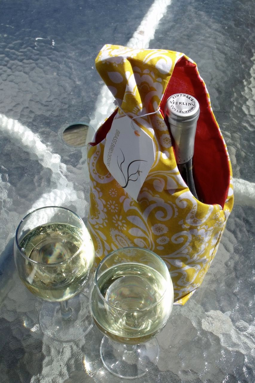 Yellow paisley wine bottle carrier - brassbirddesigns
