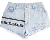 Tribal/Aztec Shorts, Hand Painted, Vintage Distressed High Waisted Denim, Upcycled W30
