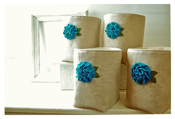 Blue Green flower Box Linen bin basket SET 4 Storage Wedding Party Holiday Gift Wrap Natural Oatmeal Linen Organizer Embroidery tagt team