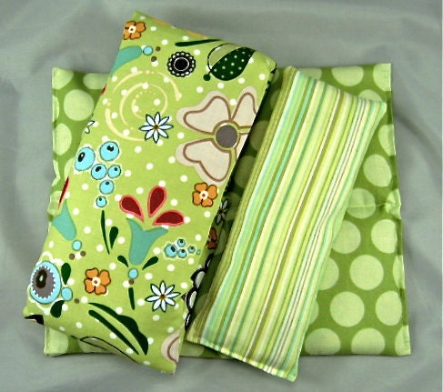 3 PC Neck Wrap Back Pack Eye Pillow Gift Set Organic Flaxseed Rice Lavender Scented Vintage Groove Floral Green Dots