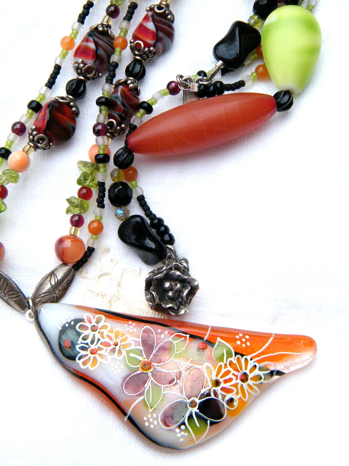 Lavishly Beaded Necklace with Sandra Miller Glass Pendant