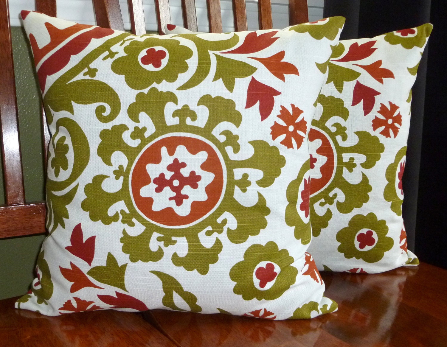 Decorative Throw Pillow Covers - Two 18Inch Olive Green and Rust