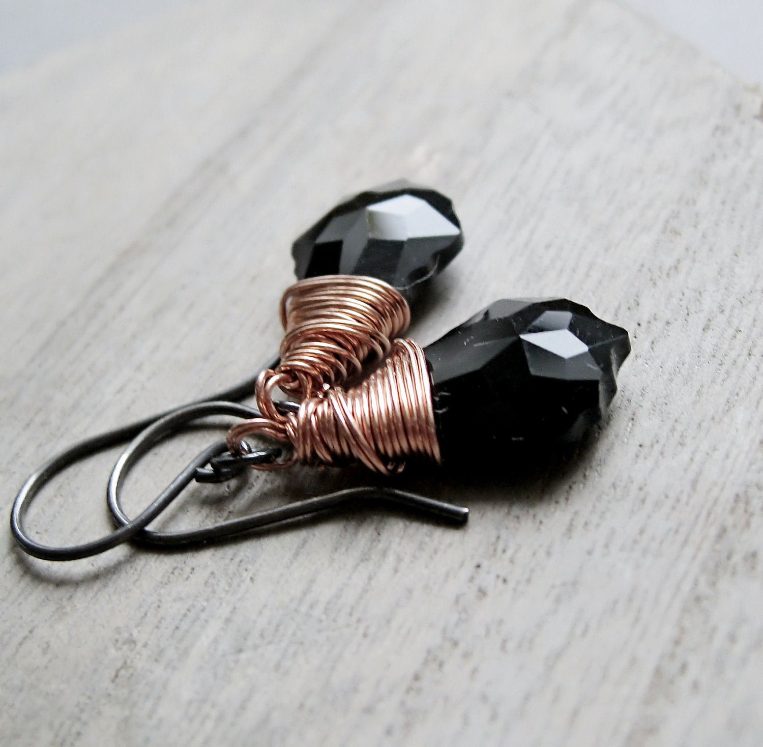 Black Crystal Earrings -  Swarovski, Oxidized Silver, Casual,  Mixed Metals, Copper,  Wire Jewellery,  Crystal Jewelry