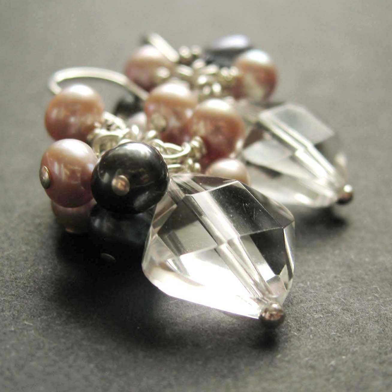 Cluster  Earrings -  Freshwater Pearls, Sterling Silver,  Handmade Jewelry, Quartz Earrings
