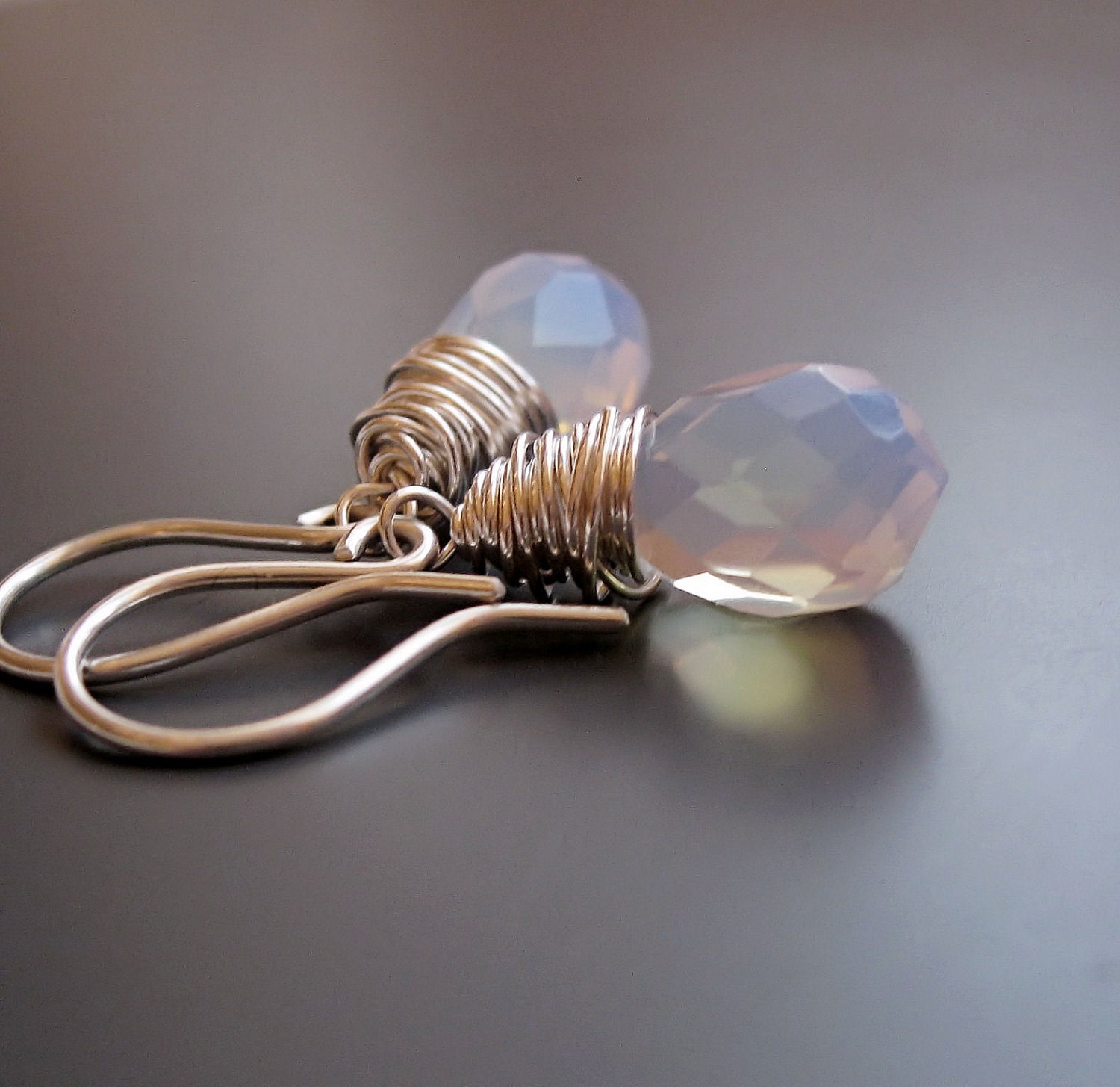 Teardrop Earrings -  Handmade Earrings, Opalite, Wire Wrapped, Milky, Blue,  Sterling Silver