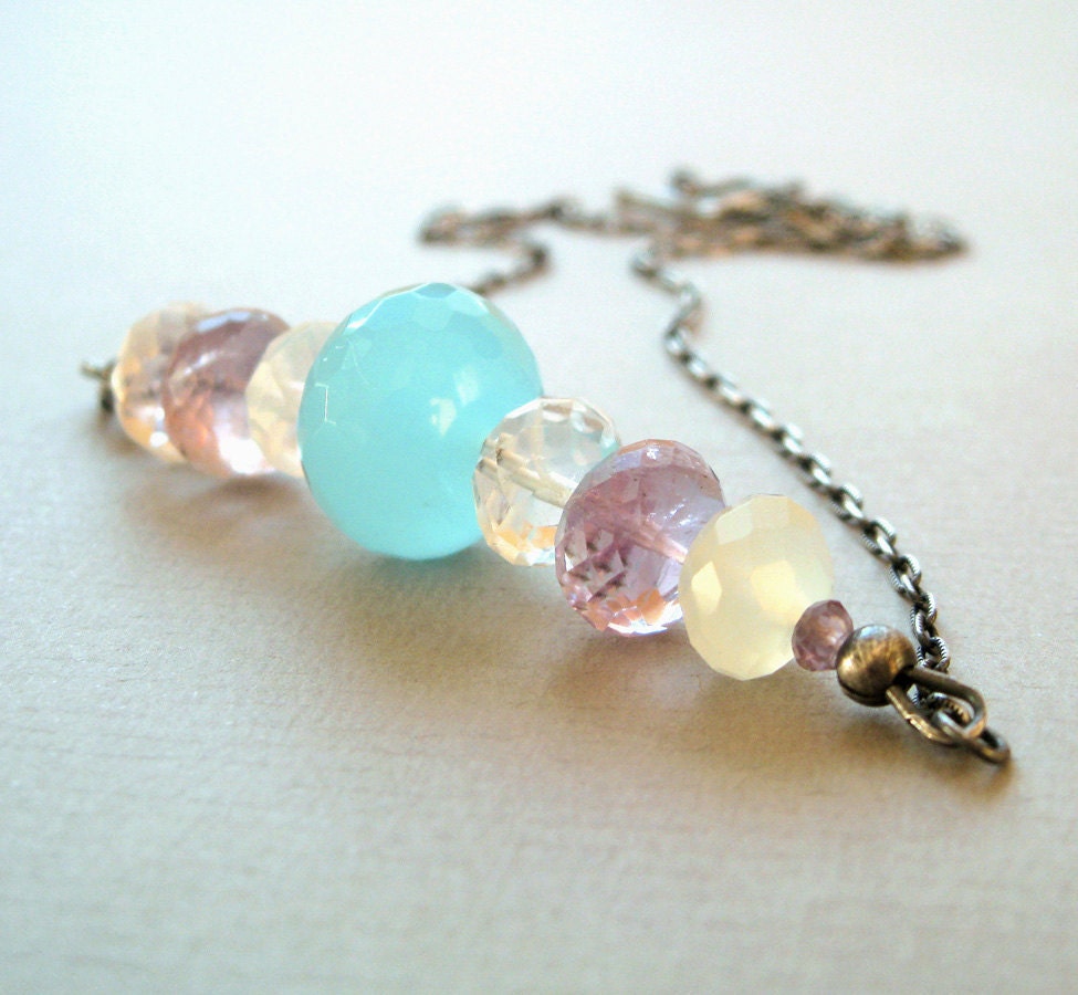 Gemstone   Necklace -  Oxidized Silver, Quartz,  Handmade Necklace,  Gemstone Jewelry, Amethyst,  Pastels